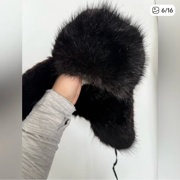 Real Rabbit Fur Black Trapper Hat - Picture 4 of 6